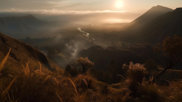 O sol se pondo sobre as montanhas