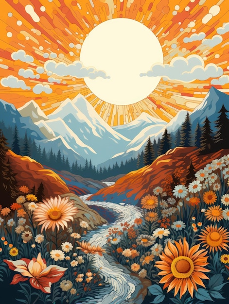 O sol sobre os picos das montanhas nos prados em flor