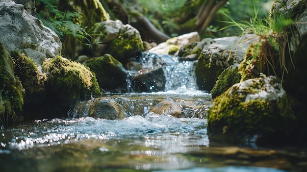 O som da água correndo é como uma melodia suave e a visão das rochas musgosas e folhagem verde é como uma bela pintura