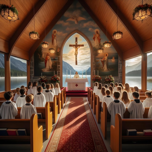 O som dos hinos ecoava pela igreja enquanto as crianças faziam a sua primeira comunhão num lago sereno.