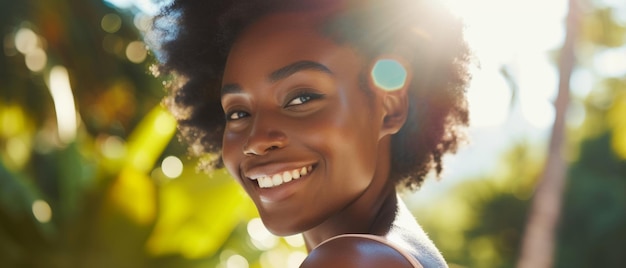 O sorriso beijado pelo sol de uma jovem africana exuberante em meio a um cenário tropical exuberante que encarna a beleza natural e a felicidade