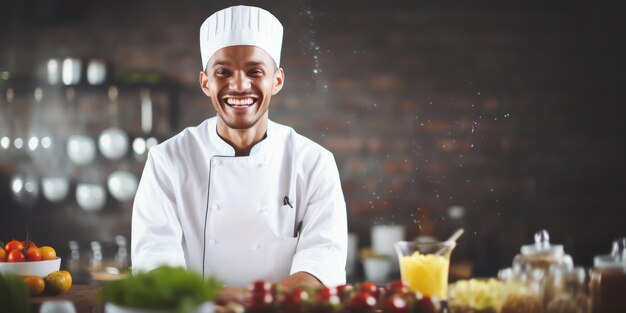 Foto o sorriso de um chef habilidoso reflete o domínio culinário