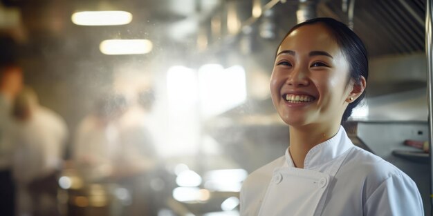 O sorriso de uma apaixonada cozinheira asiática exala experiência culinária