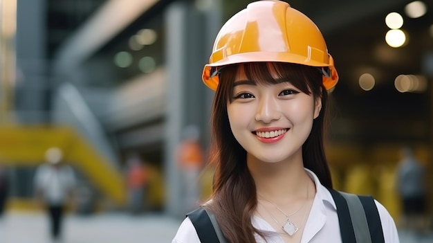 O sorriso de uma bela trabalhadora da construção japonesa