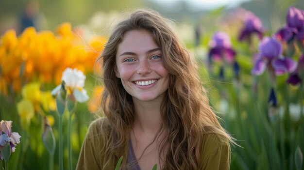 O sorriso dela floresce ao lado de um pedaço de íris vibrantes