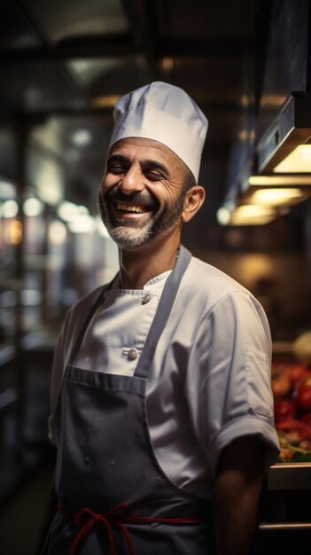 O sorriso do chef e o ambiente da cozinha refletem a magia da criação culinária.