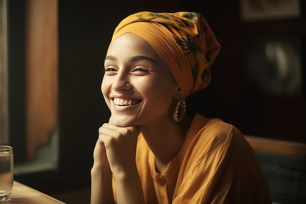 O sorriso encantador de uma mulher com lenço de cabeça em uma cena interior de jazz