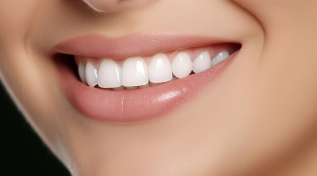 O sorriso perfeito de dentes brancos de uma jovem de perto.