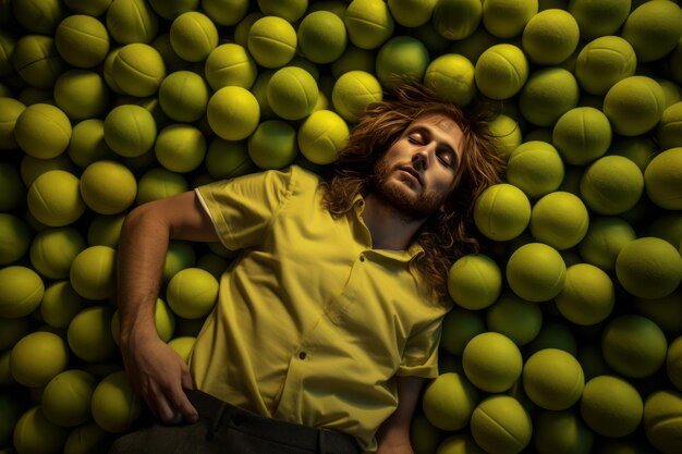 O Surreal Capture Man encontrado descansando em meio a uma cama de bolas de tênis verdes vibrantes