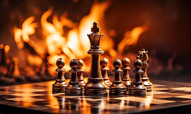 O tabuleiro de xadrez foi engolfado pelas chamas, refletindo a feroz competição das peças de fogo