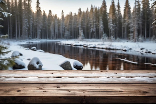 O tabuleiro rústico de madeira vazio, castanho escuro, com fundo desfocado da floresta de inverno na Finlândia