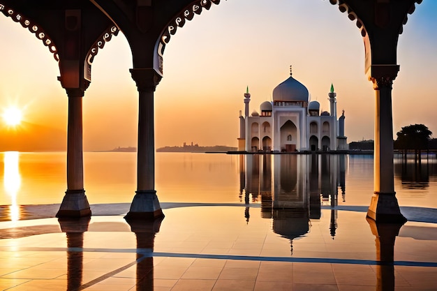 O taj mahal é visto através de uma porta com reflexo do pôr do sol na água.