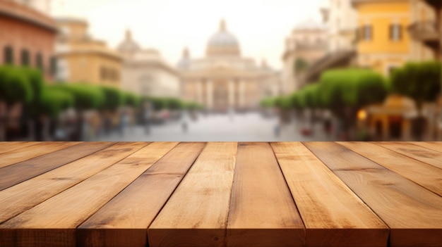 O tampo da mesa de madeira vazio com fundo desfocado da imagem exuberante da rua Roma