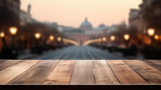 O tampo da mesa de madeira vazio com fundo desfocado da imagem exuberante da rua Roma