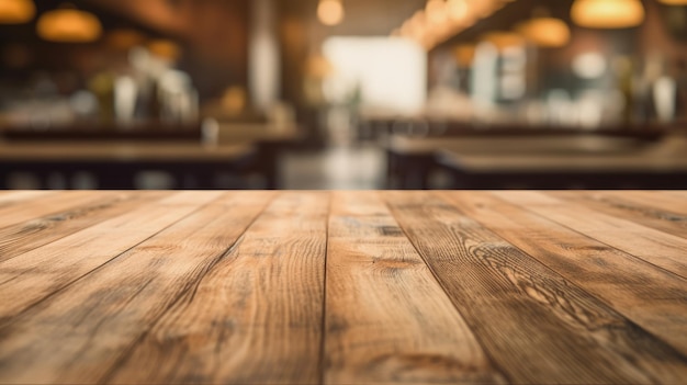 Foto o tampo da mesa de madeira vazio com fundo desfocado da imagem exuberante do café