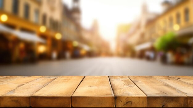 O tampo da mesa de madeira vazio com fundo desfocado da praça da cidade Imagem exuberante