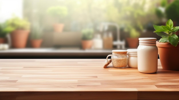 O tampo da mesa de madeira vazio com fundo desfocado do café Imagem exuberante Foto de alta qualidade