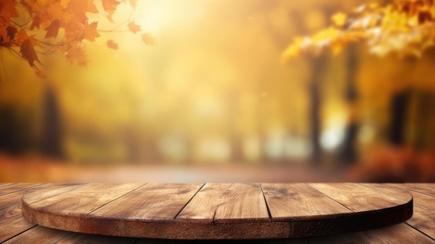 O tampo da mesa de madeira vazio com fundo desfocado do outono Imagem generativa de IA AIG30