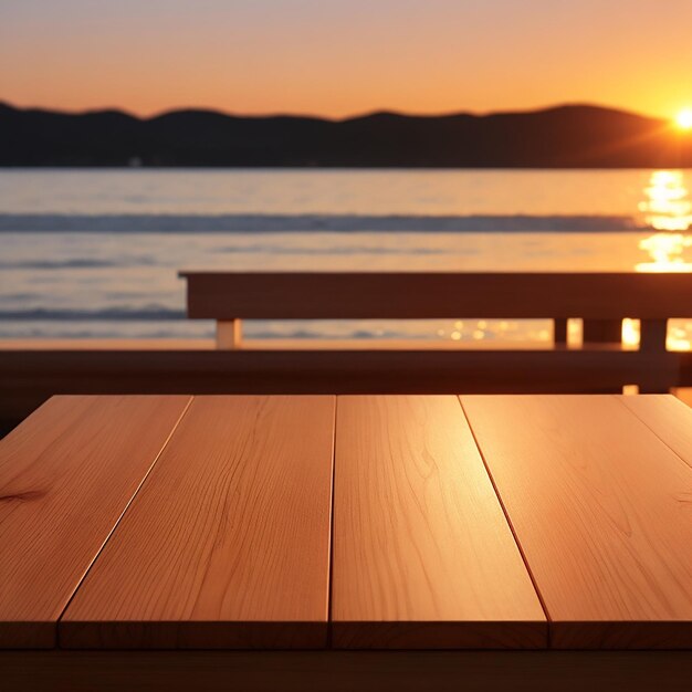 O tampo da mesa de madeira vazio com um fundo desfocado de foto do pôr do sol gerado pela IA