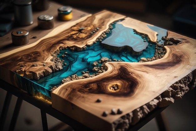 O tampo da mesa feito de resina epóxi e geração de madeira AI