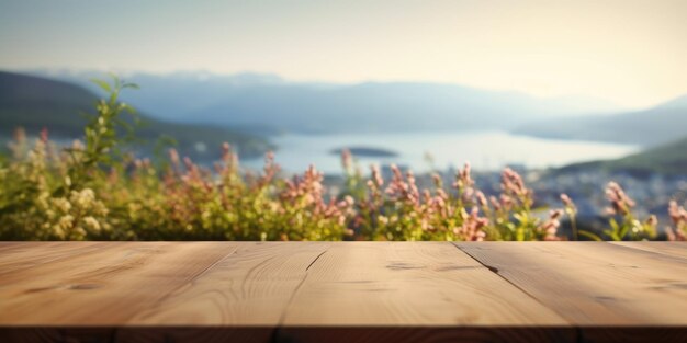 O tampo da mesa marrom de madeira vazia com fundo desfocado da Noruega no verão Imagem exuberante