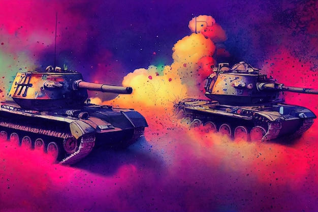 O tanque está em batalha atirando no inimigo Guerra Mundial Enorme tanque de arte digital estilo ilustração pintura