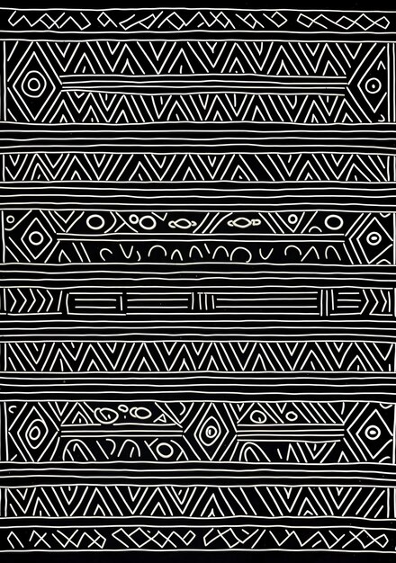 Foto o tapete preto escuro tem vários desenhos tribais nele.