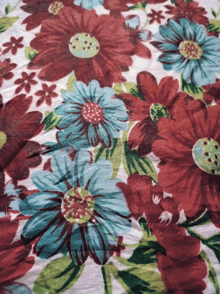 Foto o tecido básico é branco com motivos florais e folhas vermelhos e azuis