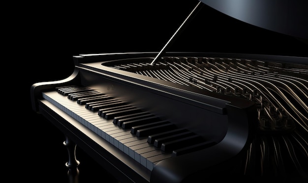 O teclado curvo e ondulado deste piano de cauda adiciona um toque moderno criando usando ferramentas de IA generativas