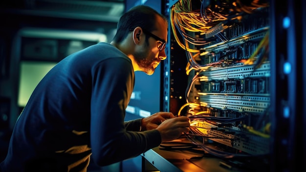 O técnico de rede está verificando o sistema de rede