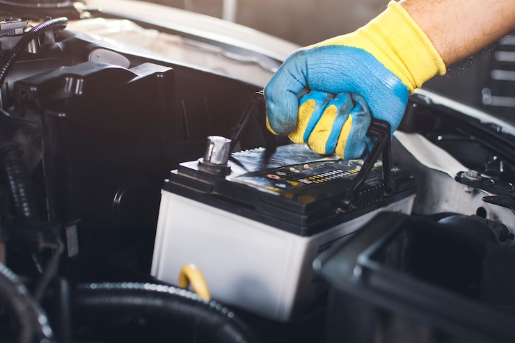 O técnico está puxando uma bateria velha do carro para substituição