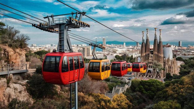 Foto o teleférico de montjuic em barcelona, espanha