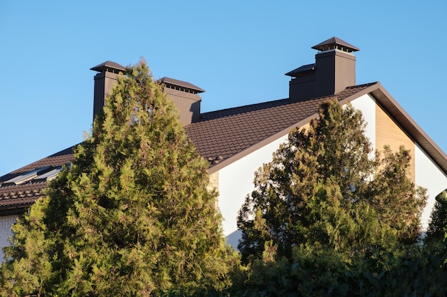 O telhado é feito de telhas de metal marrom contra o céu azul. No telhado existe uma chaminé e clarabóias.
