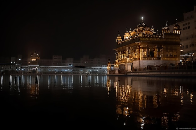 O templo dourado à noite com luzes acesas