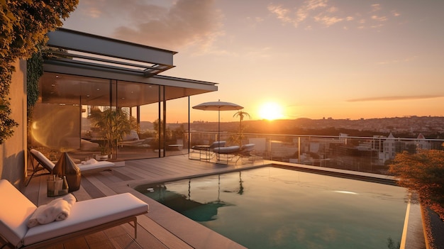 O terraço da cobertura do Generative AI apresenta uma piscina com espreguiçadeiras e uma vista deslumbrante do sol poente