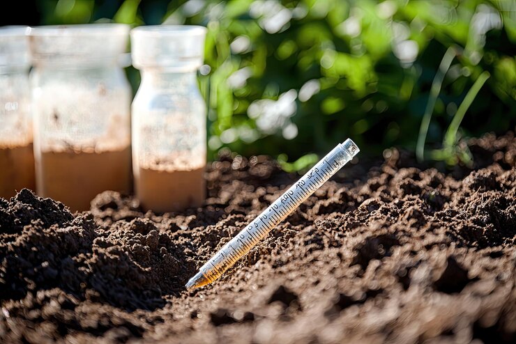 Foto o teste do solo para os níveis de nutrientes é essencial para uma fertilização eficaz. a imagem mostra uma amostra de solo com uma ferramenta de medição que destaca a importância de analisar a saúde do solo.