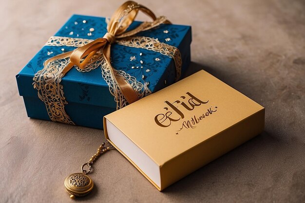 O texto de Eid Mubarak ao lado das caixas de presentes de Eid