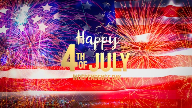 O texto de ouro de 4 de julho no palco unido da bandeira da América para o conceito de férias ou celebração renderização em 3d