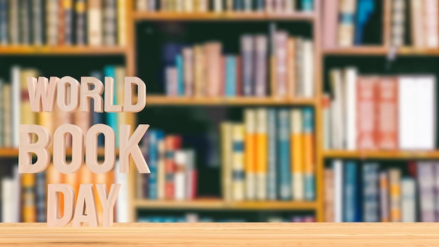 O texto do dia mundial do livro no fundo da biblioteca para renderização 3d do conceito de férias