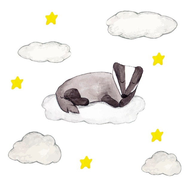 O texugo de desenho aquarela dorme na nuvem no céu sobre fundo branco