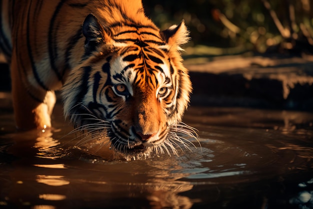 O tigre bebe água do rio gerado pela IA.