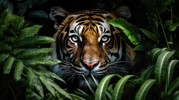 O tigre olha para fora do matagal na selva