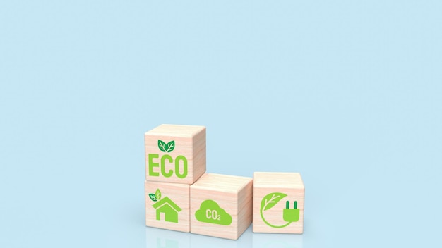 O tijolo de madeira sobre fundo azul para renderização 3d de conceito ecológico ou ecológico