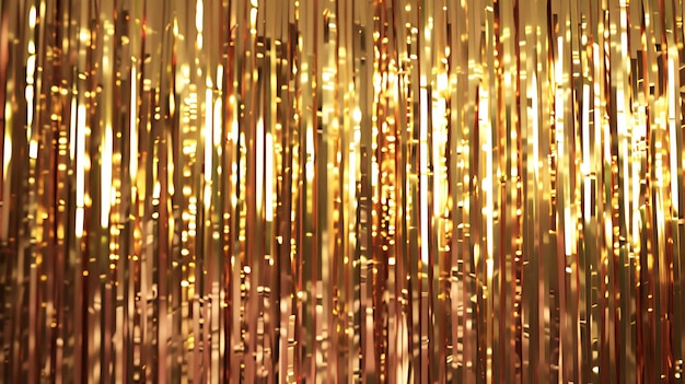 O tinsel dourado pendurado como pano de fundo da festa as flâmulas metálicas brilhantes criam uma atmosfera festiva para uma celebração