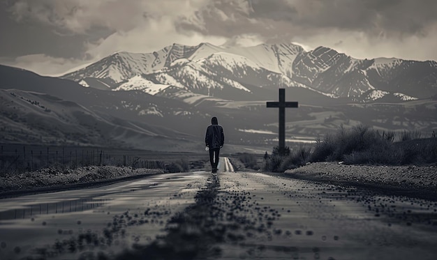 Foto o tipo a ir para a cruz a cruz nas montanhas