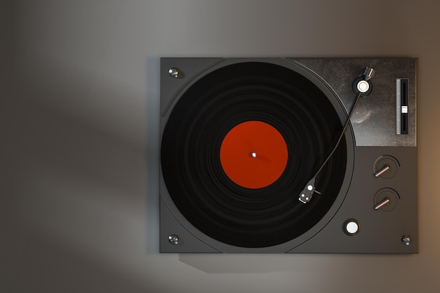 O toca-discos de vinil escuro na renderização 3d da mesa