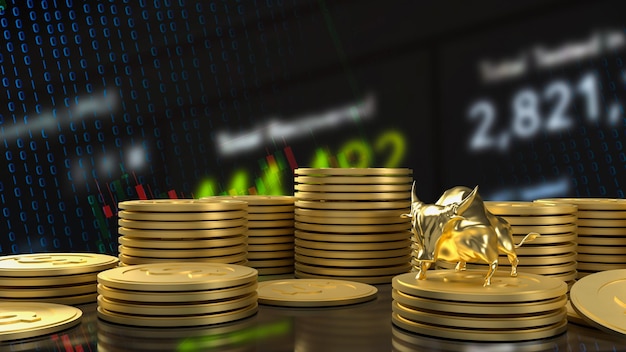 O touro de ouro e moedas para renderização 3d de conceito de negócios