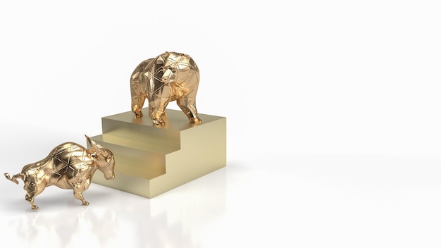 O touro de ouro e o urso nas escadas para renderização em 3d do conceito de negócios