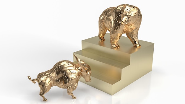 O touro de ouro e o urso nas escadas para renderização em 3d do conceito de negócios