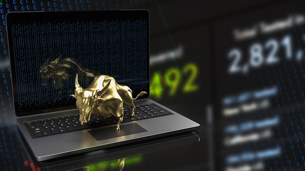 O touro de ouro no laptop para renderização 3d de conceito de negócios